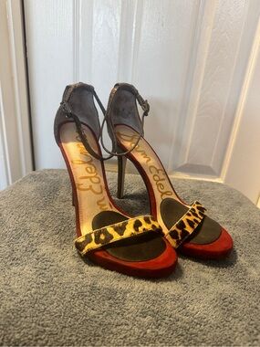 Sam Edelman Red and Leopard Ankle-Strap Stiletto Sandals